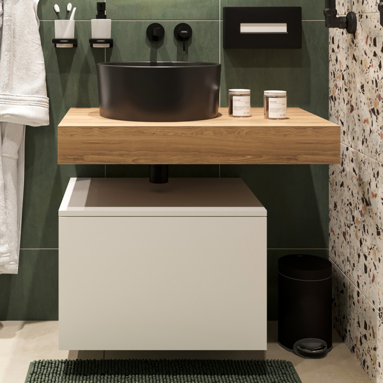 Столешница Stworki Ольборг 80 дуб французский, без отверстий, с тумбой 60, с раковиной BOCCHI Vessel черной