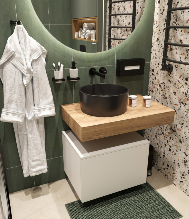 Столешница Stworki Ольборг 80 дуб французский, без отверстий, с тумбой 60, с раковиной BOCCHI Vessel черной