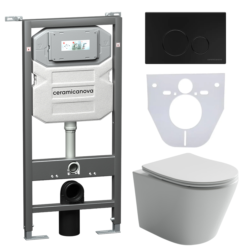 Сет 4 в 1 Инсталляция с кнопкой+унитаз+шумоизоляция CERAMICANOVA Подвесной унитаз Balearica+Шумоизоляционная панель+Система инсталляции с кнопкой Round цв.чёрный мат