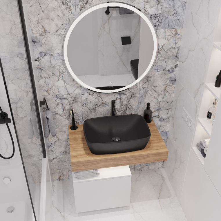 Мебель для ванной Stworki Ольборг 80 столешница дуб французский, без отверстий, с тумбой 50, с раковиной Vitra Shift черной