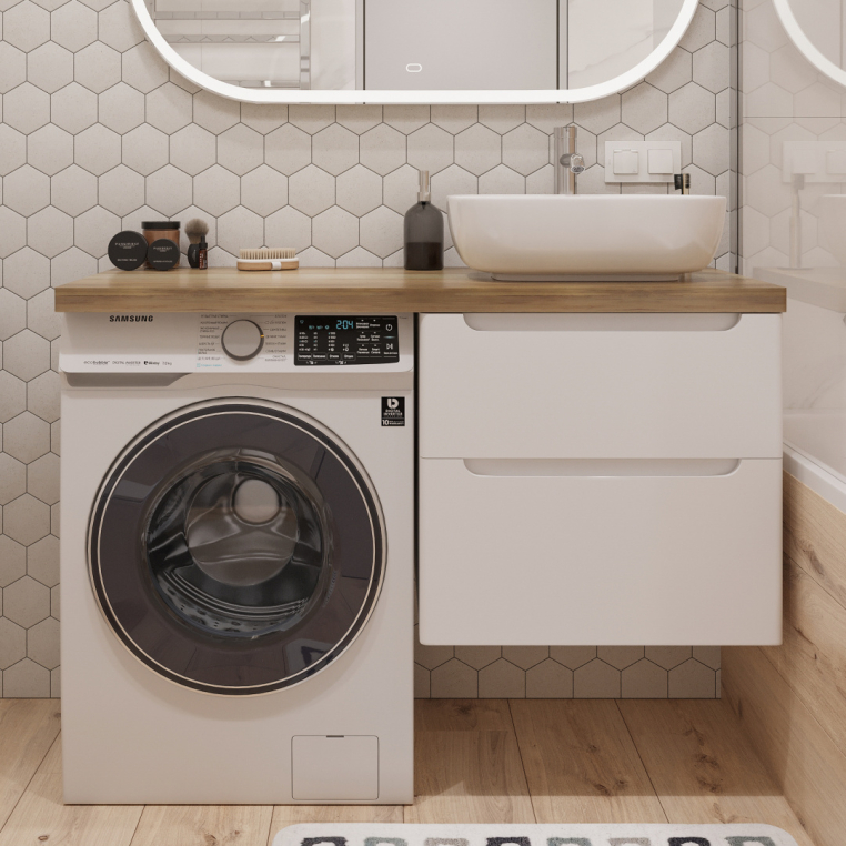 Тумба с раковиной Stworki Берген 60 белая со светлой столешницей 122, Moduo 50 Square, L