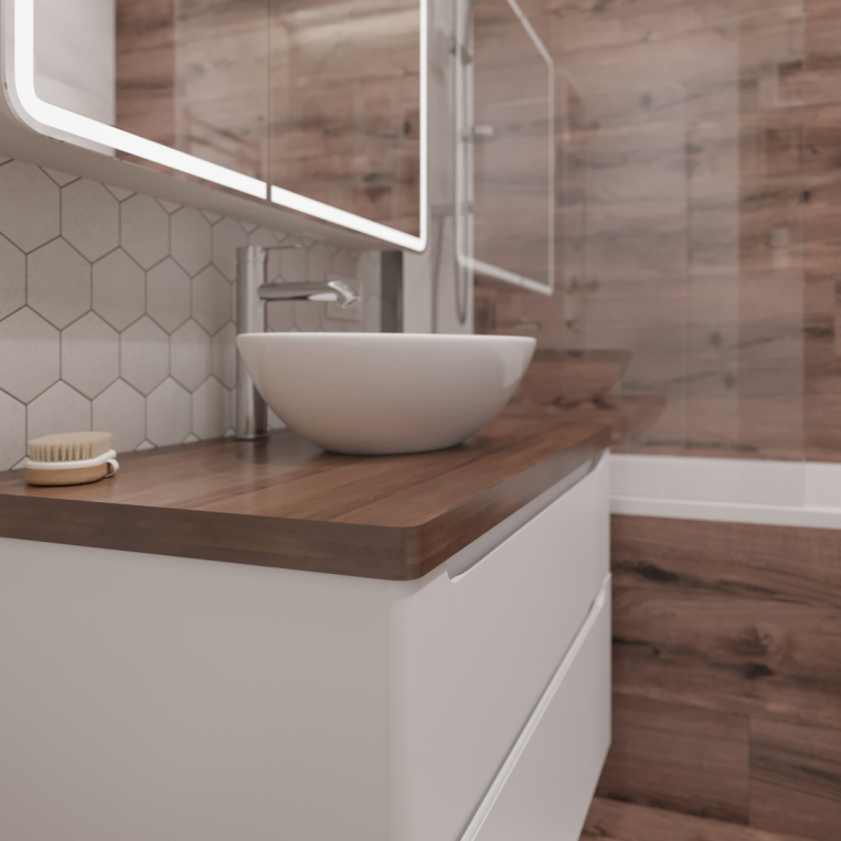 Мебель для ванной Stworki Берген 100 белая с темной столешницей, раковина Moduo 55 Leaf