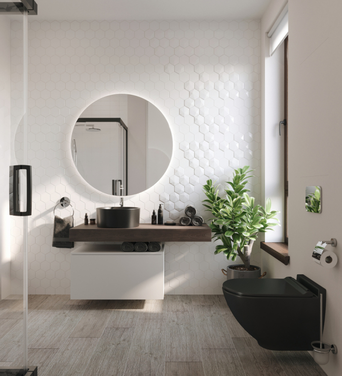 Мебель для ванной Stworki Ольборг 120 столешница дуб карпентер, без отверстий, с тумбой 80, с раковиной BOCCHI Vessel черной