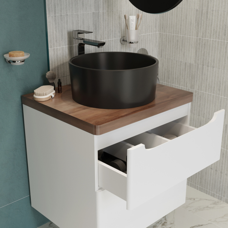 Мебель для ванной Stworki Берген 60 белая с темной столешницей, раковина BOCCHI Vessel 1174-004-0125 черная матовая