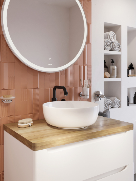 Мебель для ванной Stworki Берген 80 белая со светлой столешницей, раковина Moduo 40 RING