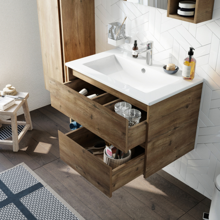 Мебель для ванной Stworki Карлстад 75 дуб рустикальный, в стиле лофт, под дерево, российская (гарнитур, комплект)