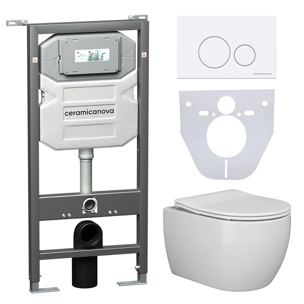 Сет 4 в 1 Инсталляция с кнопкой+унитаз+шумоизоляция CERAMICANOVA Подвесной унитаз PLAY Rimless+Шумоизоляционная панель+Система инсталляции с кнопкой Round цвет белый