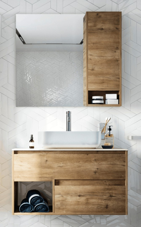Мебель для ванной Stworki Карлстад 90 дуб рустикальный, роверелла, в стиле лофт, под дерево, подвесная