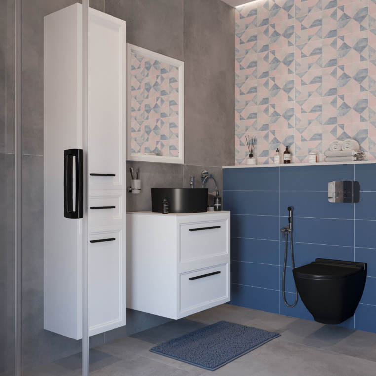 Мебель для ванной Stworki Эстерсунд 60 белая матовая, простоун беж, с раковиной BOCCHI Vessel черной