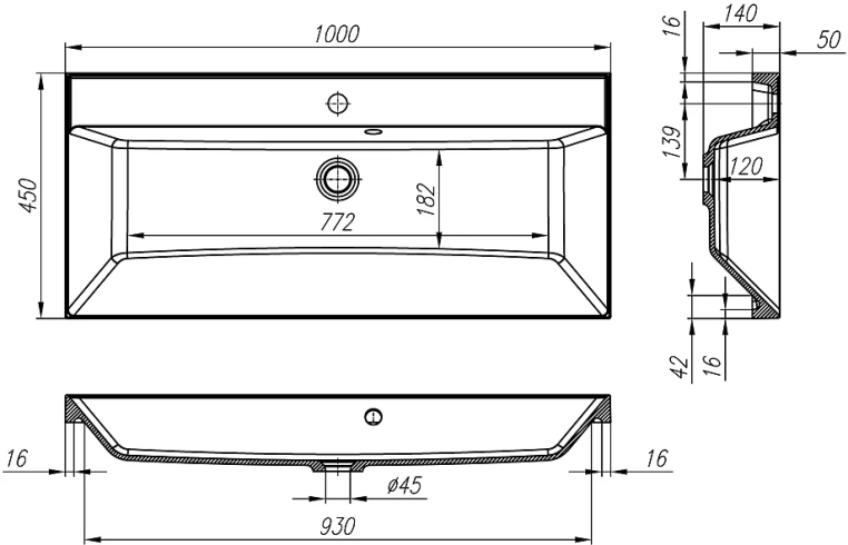 Раковина BelBagno Marino 100 см BB1000/450-LV-MR-AST