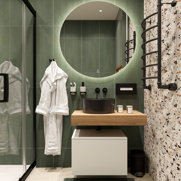 Мебель для ванной Stworki Ольборг 80 столешница дуб французский, без отверстий, с тумбой 60, с раковиной BOCCHI Vessel черной