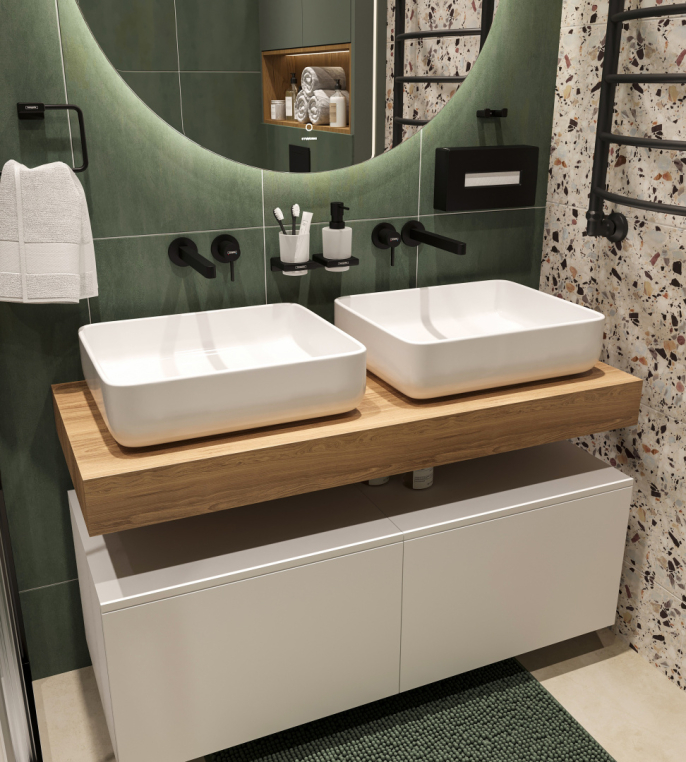 Мебель для ванной Stworki Ольборг 120 столешница дуб французский, без отверстий, 2 тумбы 60 + 2 раковины Stworki Soul 1 белой