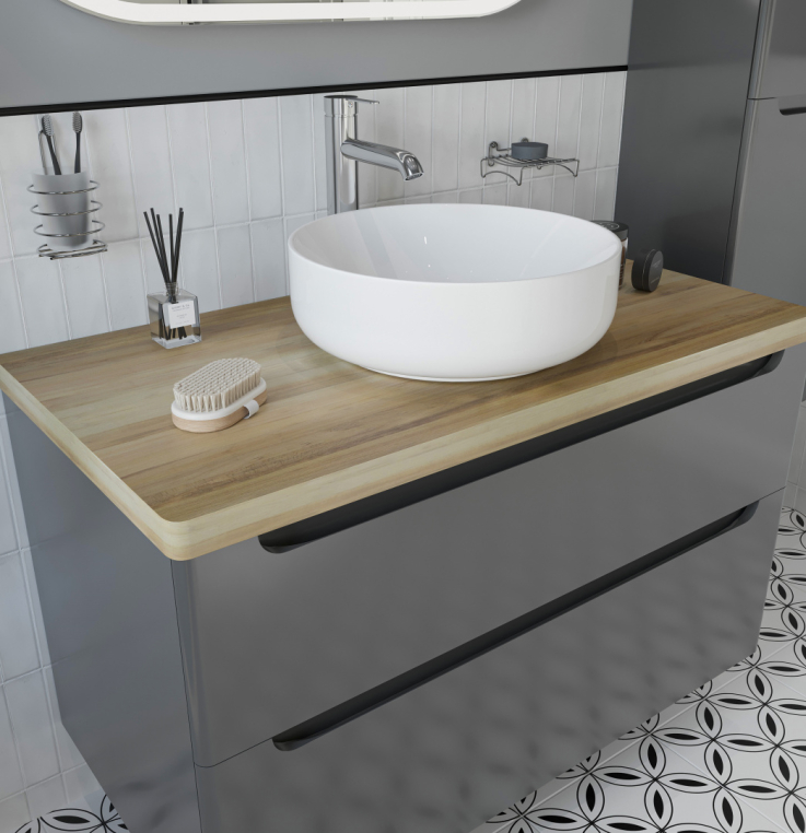 Мебель для ванной Stworki Берген 100 серая со светлой столешницей, раковина Moon 1