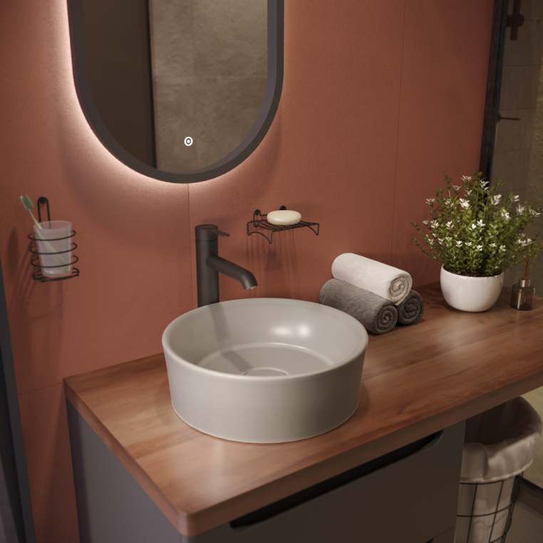 Мебель для ванной Stworki Берген 60 серая с темной столешницей 122, Bocchi Vessel 1174-006-0125