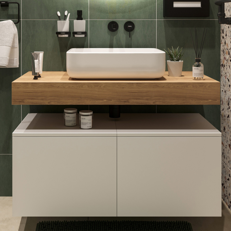 Столешница Stworki Ольборг 100 дуб французский, без отверстий,  2 тумбы 50, с раковиной Stworki Soul 1 белой