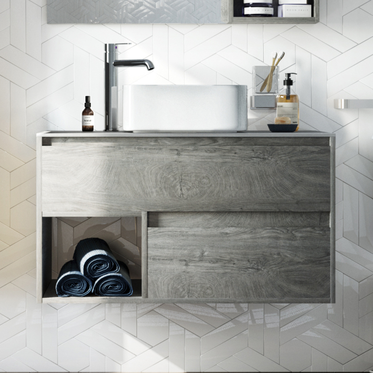 Мебель для ванной Stworki Карлстад 90 дуб рошелье, монте тиберио, с отверстием для смесителя в столешнице