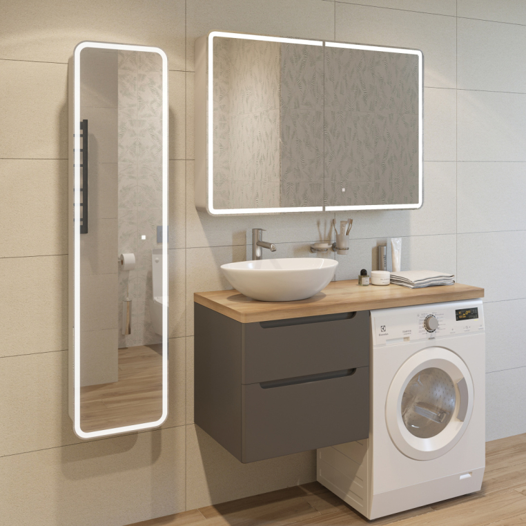 Мебель для ванной Stworki Берген 60 серая со светлой столешницей 122, раковина Moduo 55 Leaf, R