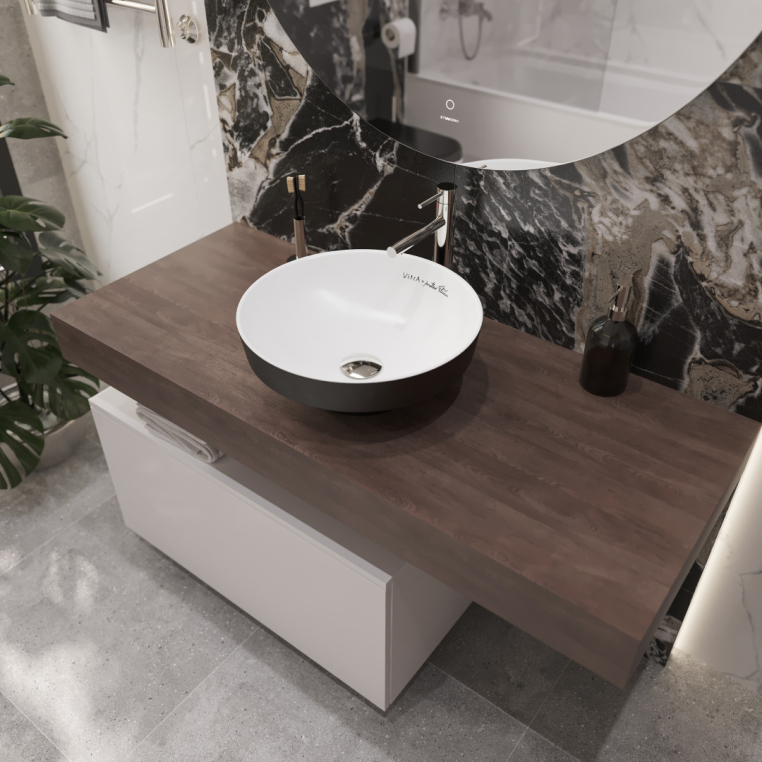 Мебель для ванной Stworki Ольборг 120 столешница дуб карпентер, без отверстий, с тумбой 80, с раковиной Vitra Water jewels