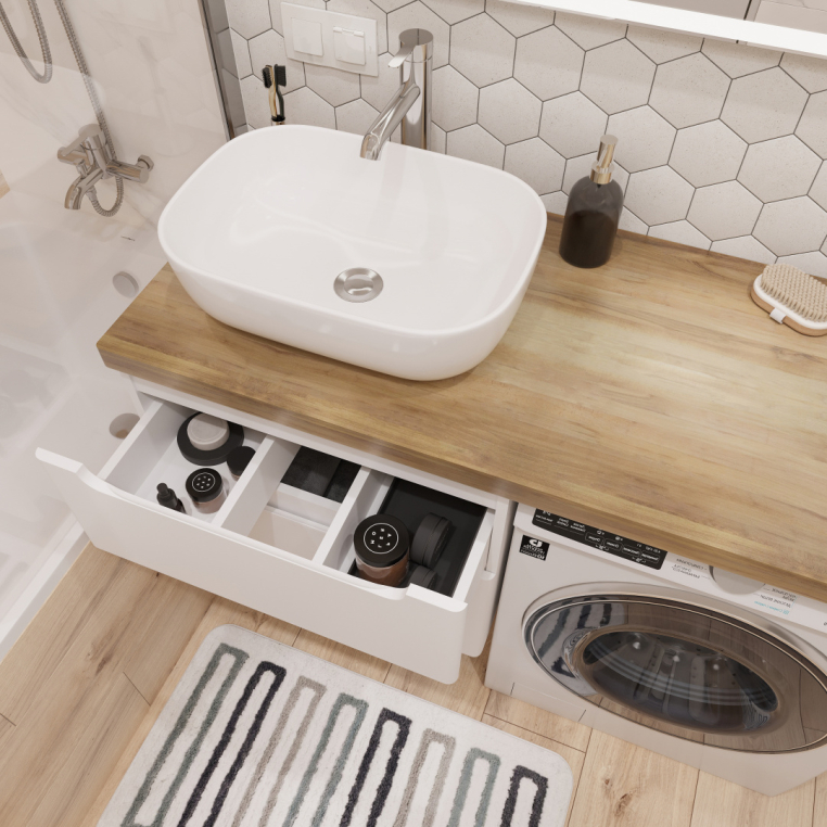 Мебель для ванной Stworki Берген 60 белая со светлой столешницей 122, раковина Moduo 50 Square, R