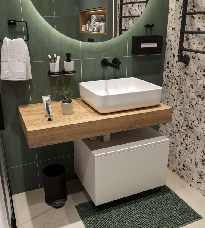 Мебель для ванной Stworki Ольборг 100 столешница дуб французский, без отверстий, с тумбой 60, с раковиной Stworki Soul 1 белой