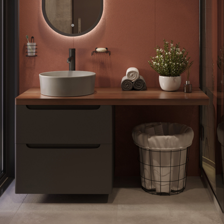 Тумба с раковиной Stworki Берген 60 серая с темной столешницей 122, Bocchi Vessel 1174-006-0125