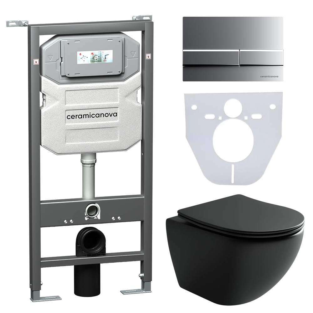Сет 4 в 1 Инсталляция с кнопкой+унитаз+шумоизоляция CERAMICANOVA Подвесной унитаз Metropol+Шумоизоляционная панель+Система инсталляции с кнопкой Flat цвет хром матов