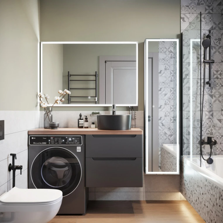 Мебель для ванной Stworki Берген 60 серая с темной столешницей 122, раковина BOCCHI Vessel 1174-004-0125 черная, L