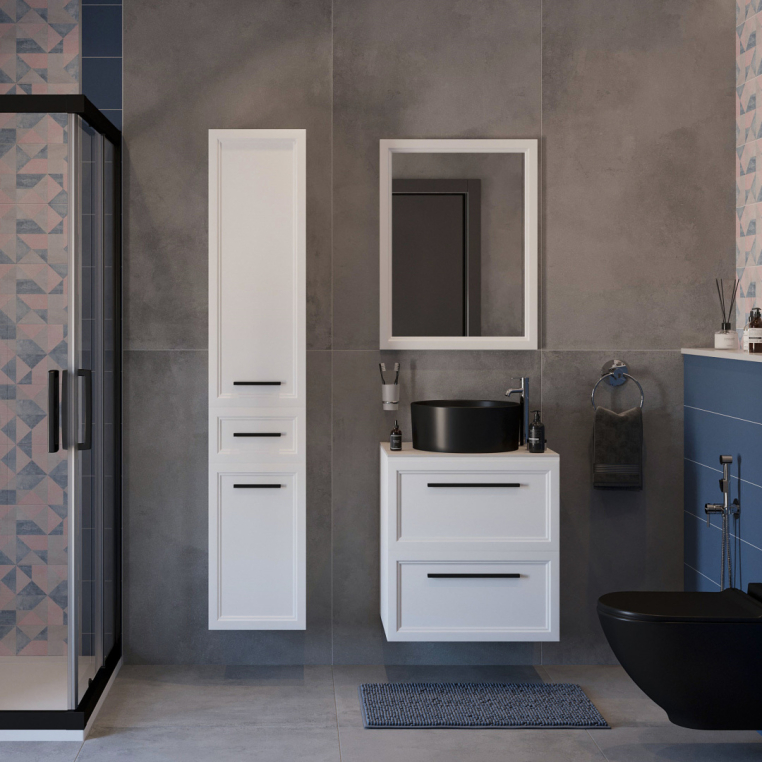 Мебель для ванной Stworki Эстерсунд 60 белая матовая, простоун беж, с раковиной BOCCHI Vessel черной