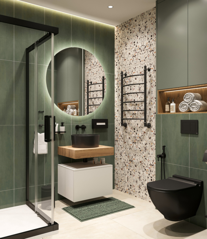 Мебель для ванной Stworki Ольборг 60 столешница дуб французский, без отверстий, с тумбой 60, с раковиной BOCCHI Vessel черной