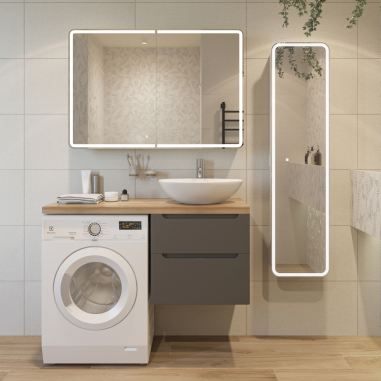 Мебель для ванной Stworki Берген 60 серая со светлой столешницей 122, раковина Moduo 55 Leaf, L