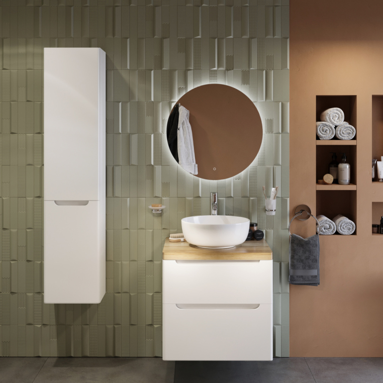 Мебель для ванной Stworki Берген 60 белая со светлой столешницей, раковина Moon 1