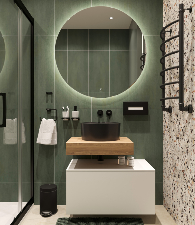 Мебель для ванной Stworki Ольборг 60 столешница дуб французский, без отверстий, с тумбой 80, с раковиной BOCCHI Vessel черной