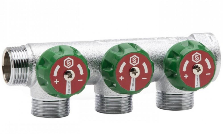 Stout Регулирующий проходной коллектор ВР-НР 3/4" c 3 отводами 3/4" ЕК (SMB-6850-343403)