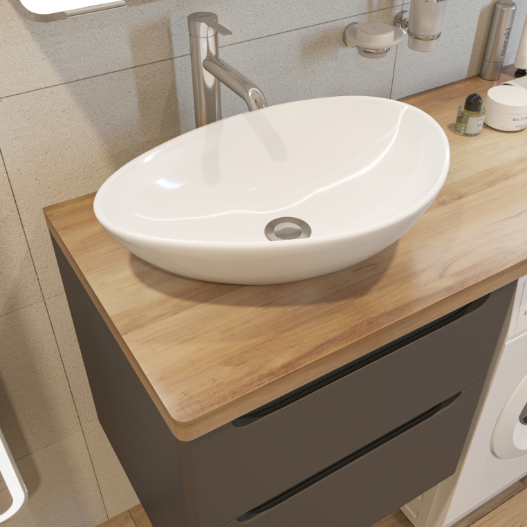 Мебель для ванной Stworki Берген 60 серая со светлой столешницей 122, раковина Moduo 55 Leaf, R