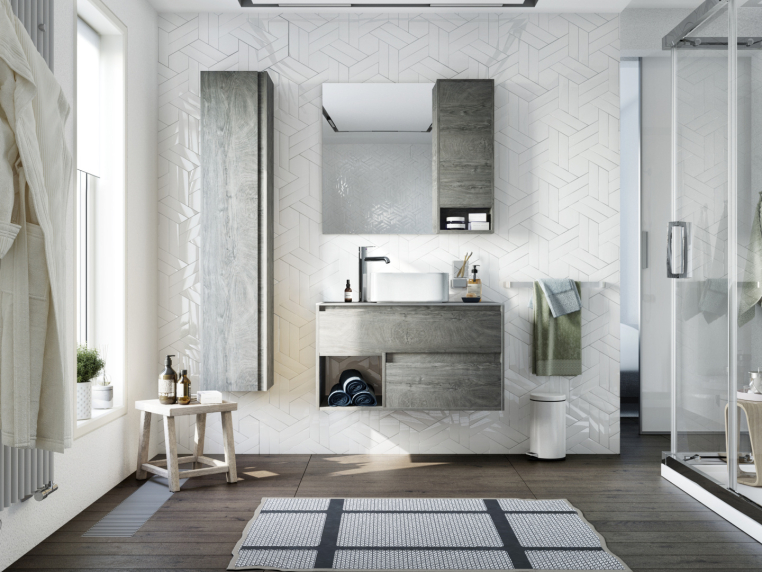 Мебель для ванной Stworki Карлстад 90 дуб рошелье, монте тиберио, с отверстием для смесителя в столешнице