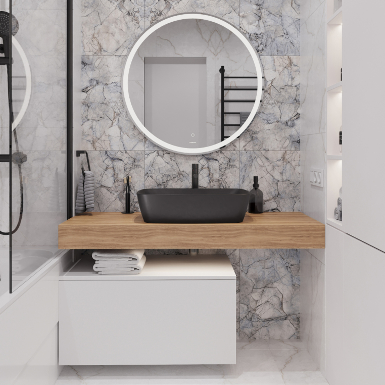 Мебель для ванной Stworki Ольборг 120 столешница дуб французский, без отверстий, с тумбой 80, с раковиной Vitra Shift черной