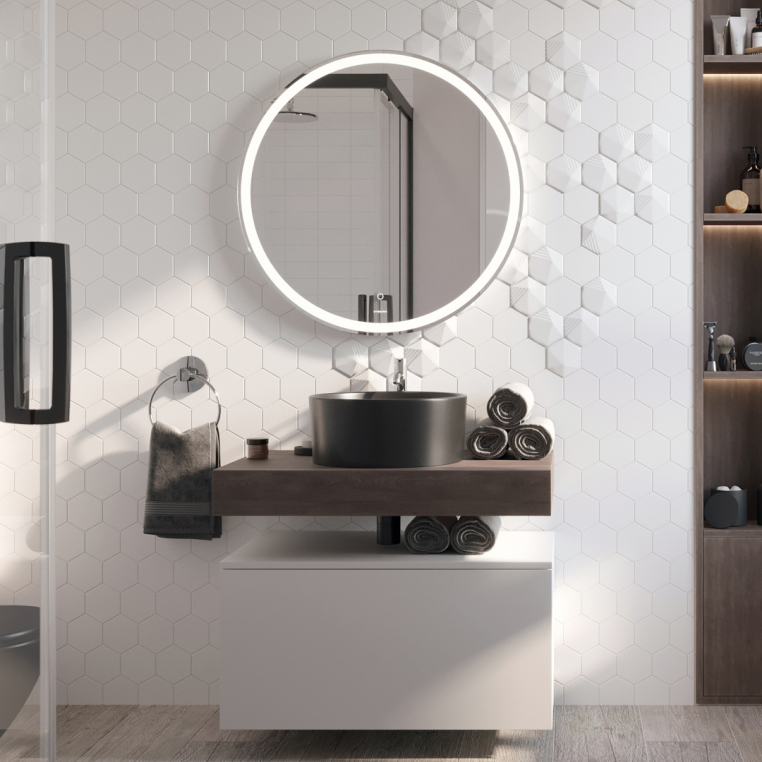 Мебель для ванной Stworki Ольборг 80 столешница дуб карпентер, без отверстий, с тумбой 80, с раковиной BOCCHI Vessel черной