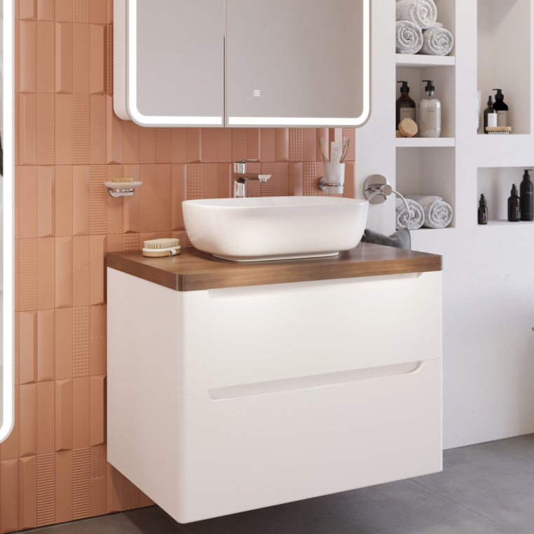 Мебель для ванной Stworki Берген 80 белая с темной столешницей, раковина Moduo 50 Square