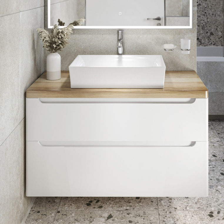 Тумба с раковиной Stworki Берген 100 белая со светлой столешницей, раковина Bocchi Vessel 1172-061-0125