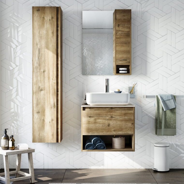 Мебель для ванной Stworki Карлстад 60 дуб рустикальный, простоун беж, в стиле лофт, под дерево, подвесная, российская