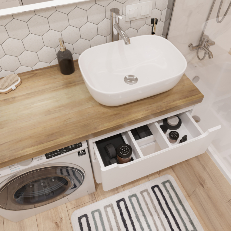 Мебель для ванной Stworki Берген 60 белая со светлой столешницей 122, раковина Moduo 50 Square, L