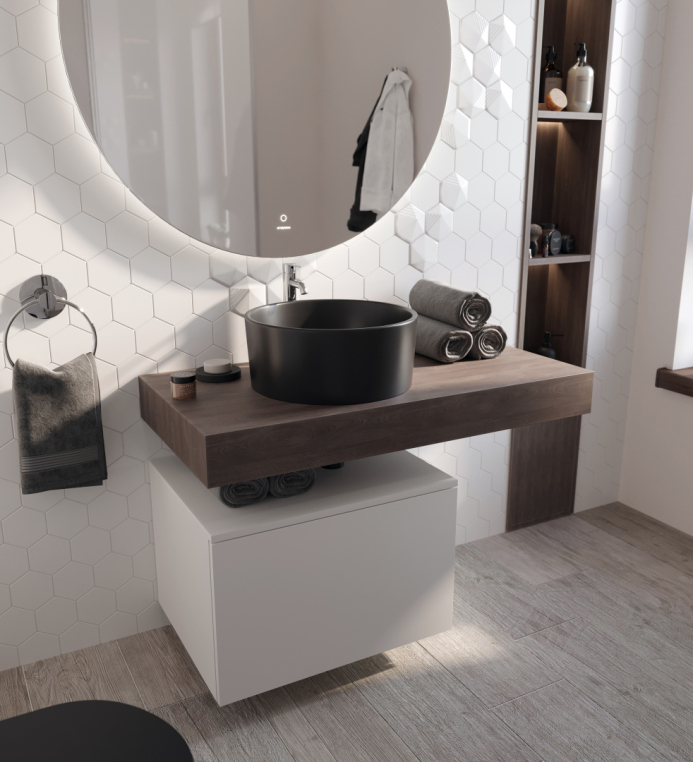 Столешница Stworki Ольборг 100 дуб карпентер, без отверстий, с тумбой 60, с раковиной BOCCHI Vessel черной