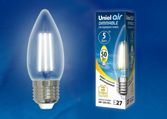 Лампа светодиодная Uniel E27 5Вт 3000K LED-C35-5W/WW/E27/CL/DIM GLA01TR картон