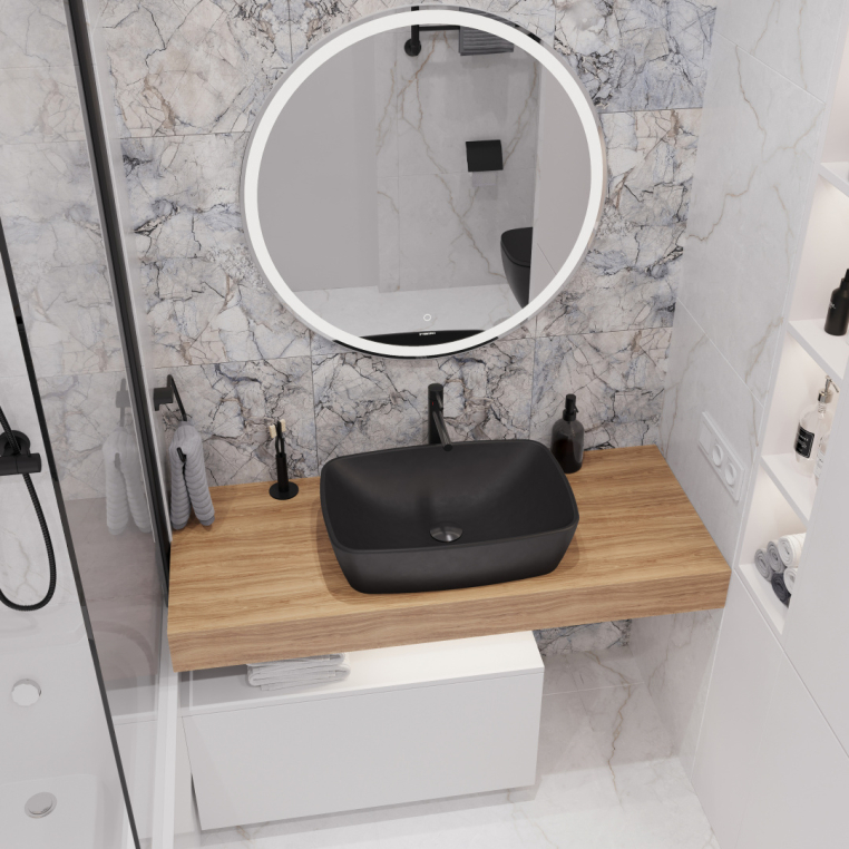 Мебель для ванной Stworki Ольборг 120 столешница дуб французский, без отверстий, с тумбой 80, с раковиной Vitra Shift черной