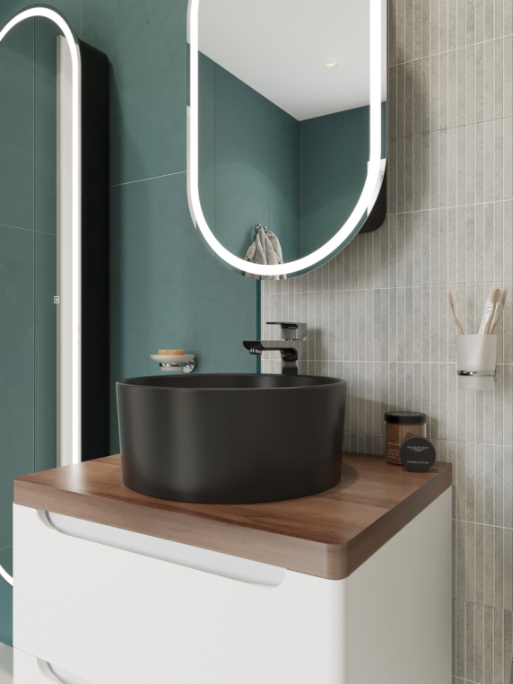 Мебель для ванной Stworki Берген 60 белая с темной столешницей, раковина BOCCHI Vessel 1174-004-0125 черная матовая