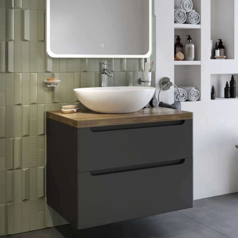 Мебель для ванной Stworki Берген 80 серая со светлой столешницей, раковина Moduo 55 Leaf