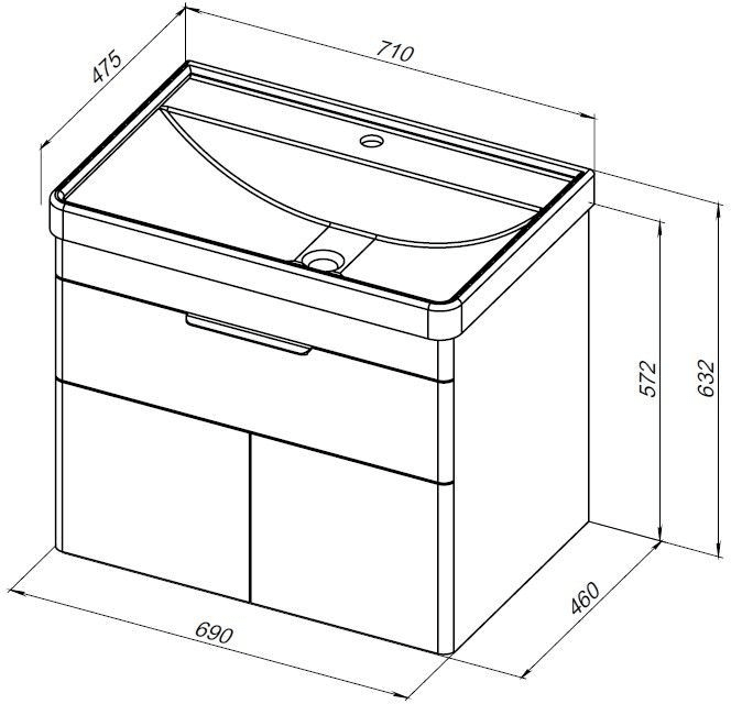 Тумба под раковину Aquanet Ирис new 710 белый глянец (1 ящик, 2 дверцы) 00310149