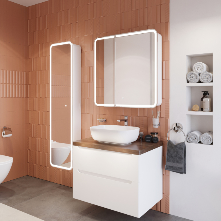 Мебель для ванной Stworki Берген 80 белая с темной столешницей, раковина Moduo 50 Square