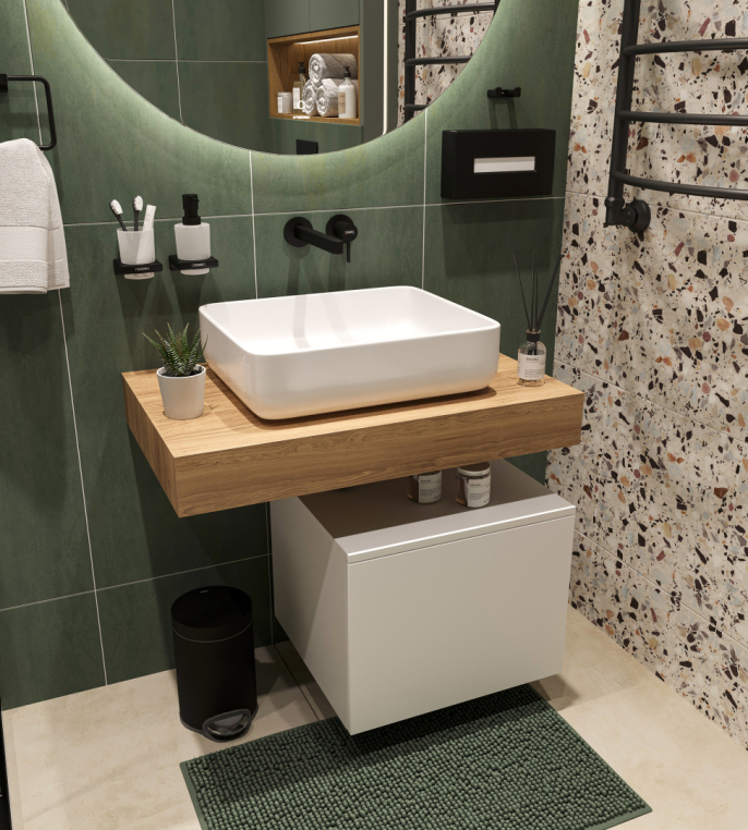 Столешница Stworki Ольборг 80 дуб французский, без отверстий, с тумбой 50, с раковиной Stworki Soul 1 белой