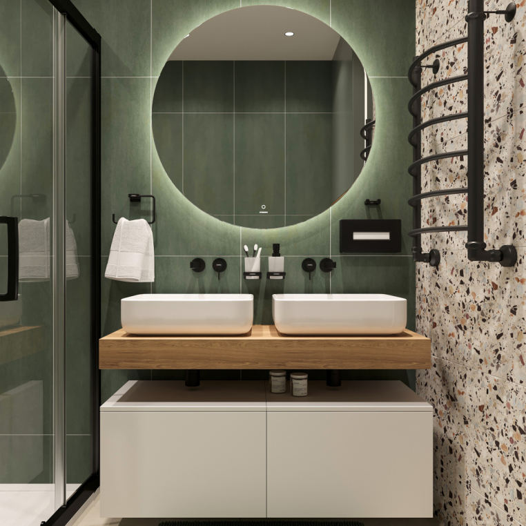 Мебель для ванной Stworki Ольборг 120 столешница дуб французский, без отверстий, 2 тумбы 60 + 2 раковины Stworki Soul 1 белой